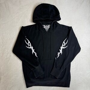 Current Mood Sinners Black Hoodie Tribal Tattoo Print Pullover Men’s Size Small